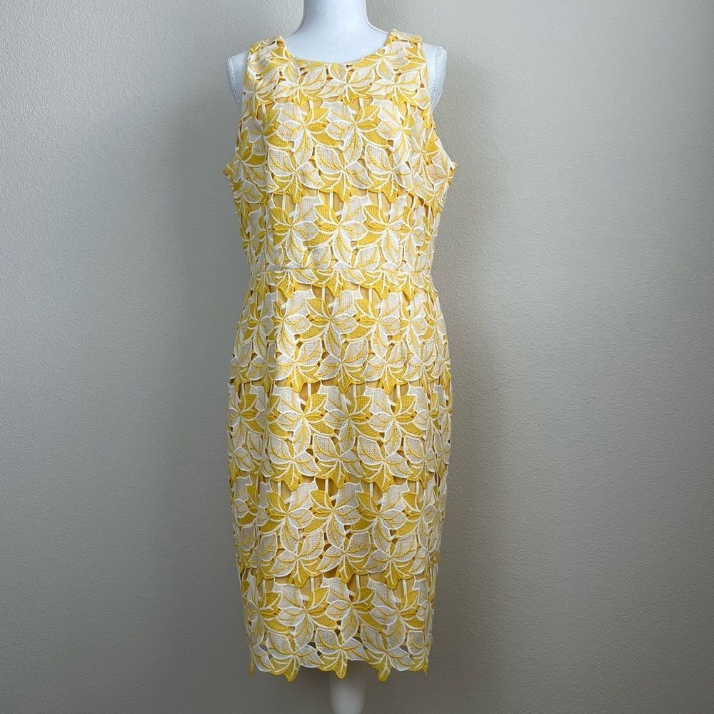 Maggy London Yellow Lace Dress Floral Sheath Sleeveless Wedding Easter Guest M